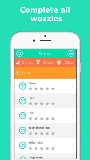 Complete all wozzles. iPhone with screen of wozzles (categories) to complete.