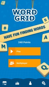 Have fun finding words. Game main scree with logo on top, play and multiplayer buttons below.