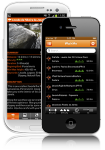 Samsung Galaxy and iPhone showing the app WalkMe Madeira.