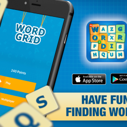 Word Grid promo image. 2 iPhones on the left with the game running, logo of the game on the right with links for download under it.