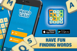 Word Grid promo image. 2 iPhones on the left with the game running, logo of the game on the right with links for download under it.