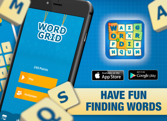 Word Grid promo image. 2 iPhones on the left with the game running, logo of the game on the right with links for download under it.